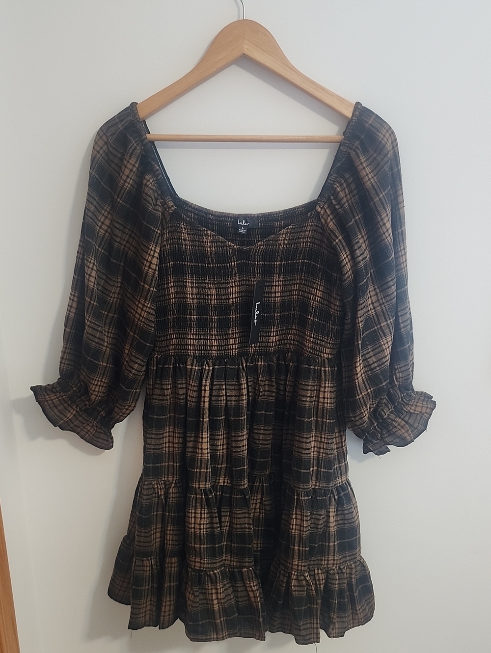 Lulus Plaid Smocked Babydoll Dress in Black and Brown